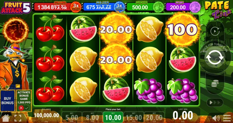 Fruit Attack 5 Pate Link - main game screen with reels